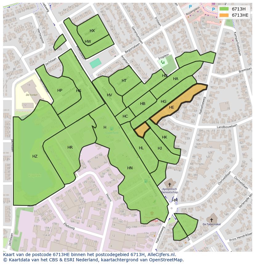 Afbeelding van het postcodegebied 6713 HE op de kaart.