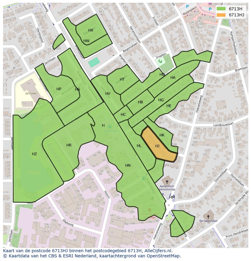 Afbeelding van het postcodegebied 6713 HJ op de kaart.