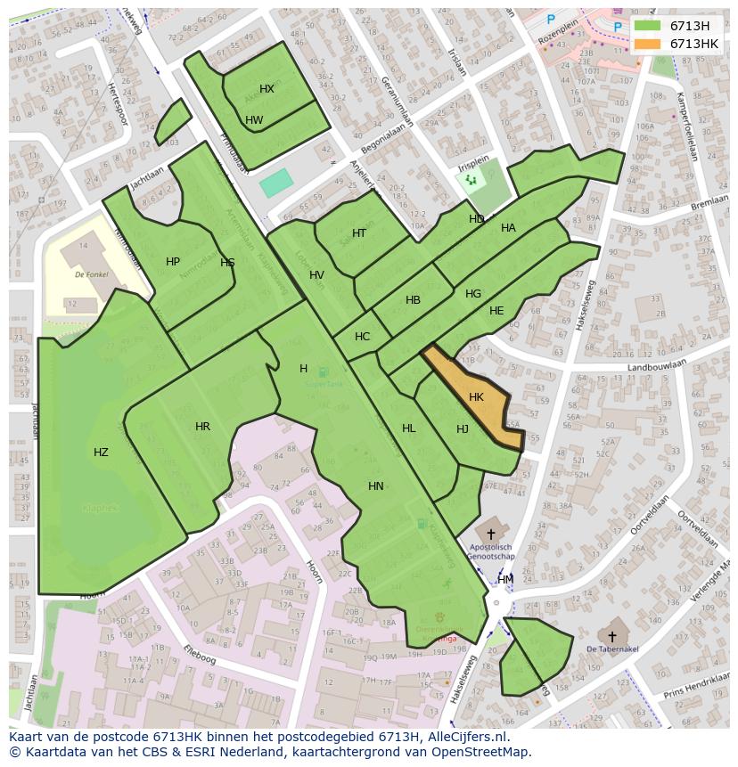 Afbeelding van het postcodegebied 6713 HK op de kaart.