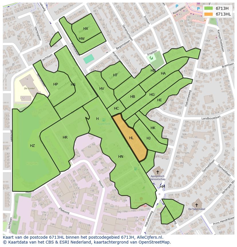 Afbeelding van het postcodegebied 6713 HL op de kaart.