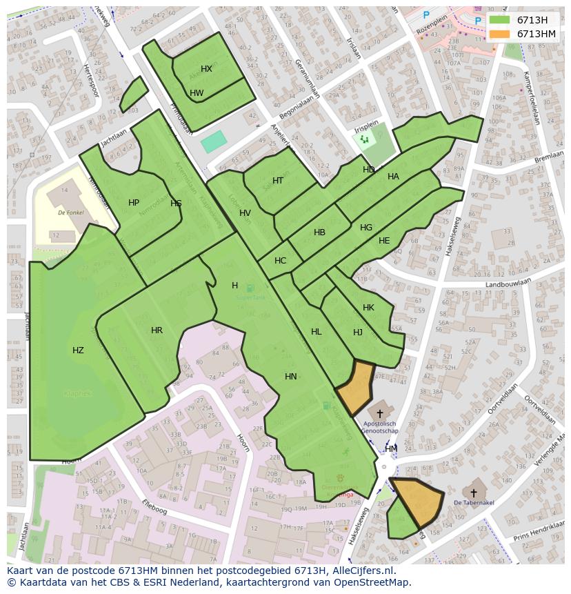 Afbeelding van het postcodegebied 6713 HM op de kaart.