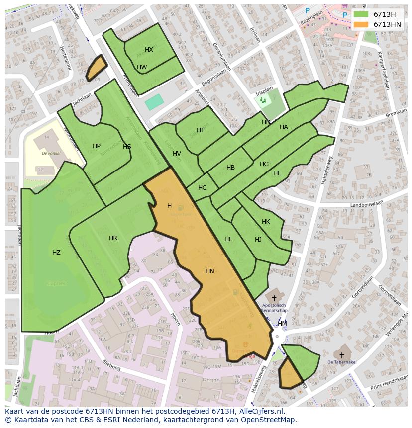 Afbeelding van het postcodegebied 6713 HN op de kaart.