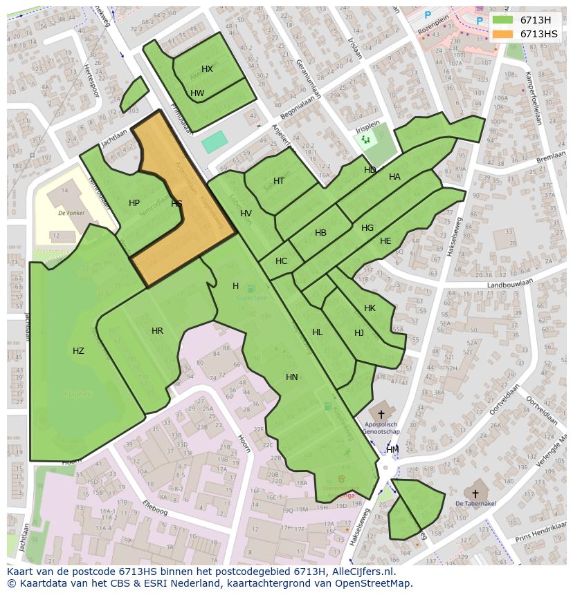 Afbeelding van het postcodegebied 6713 HS op de kaart.