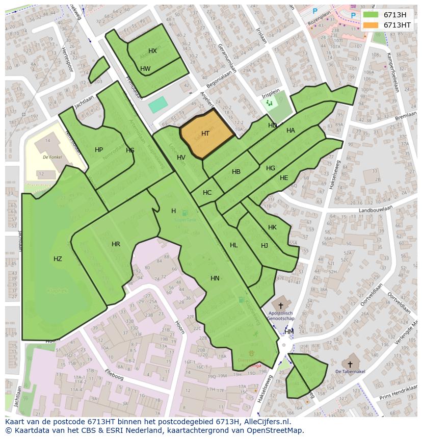 Afbeelding van het postcodegebied 6713 HT op de kaart.