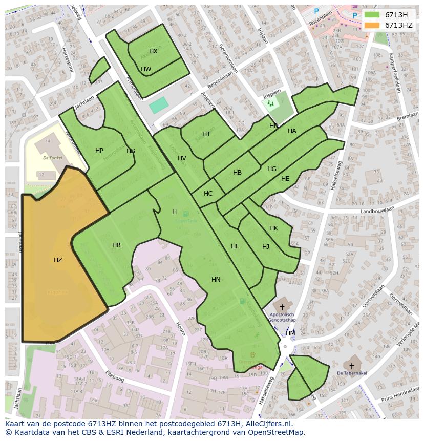 Afbeelding van het postcodegebied 6713 HZ op de kaart.