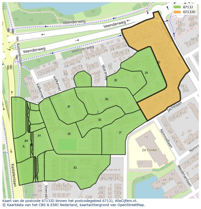 Afbeelding van het postcodegebied 6713 JD op de kaart.