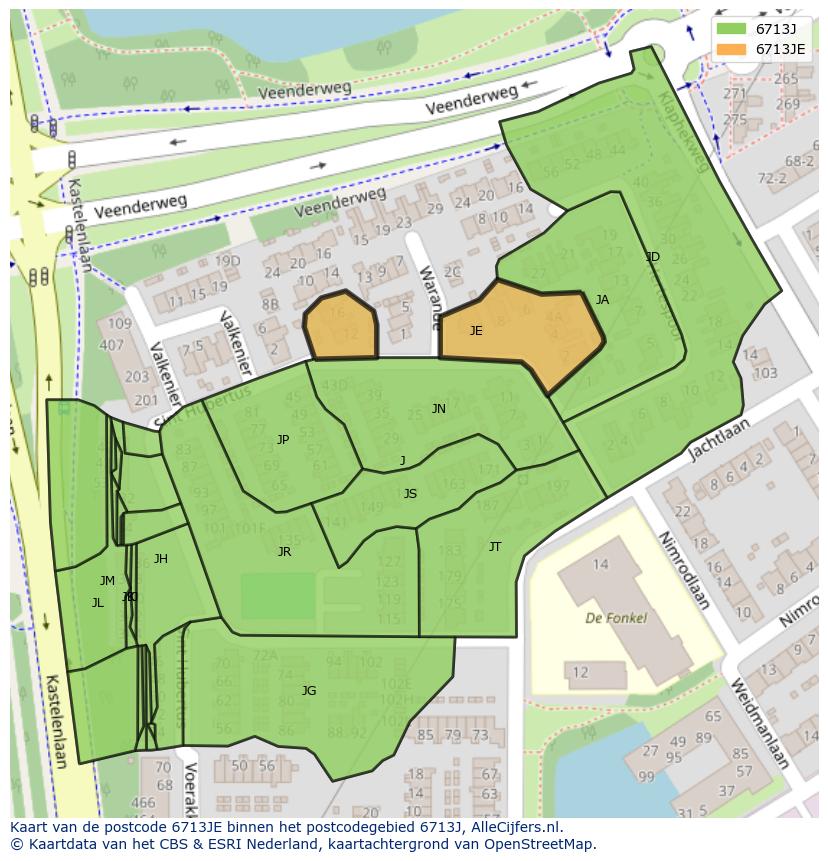 Afbeelding van het postcodegebied 6713 JE op de kaart.