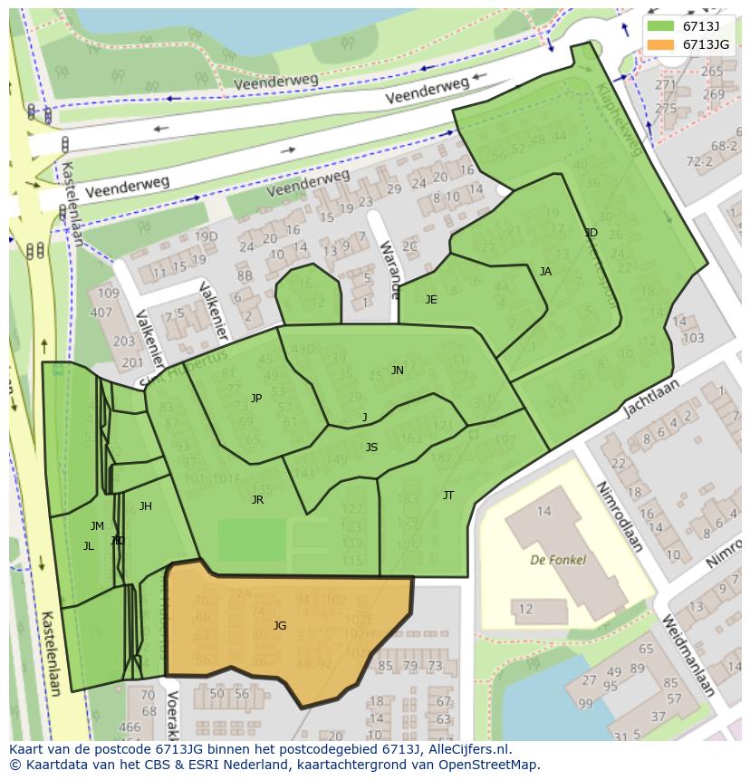 Afbeelding van het postcodegebied 6713 JG op de kaart.