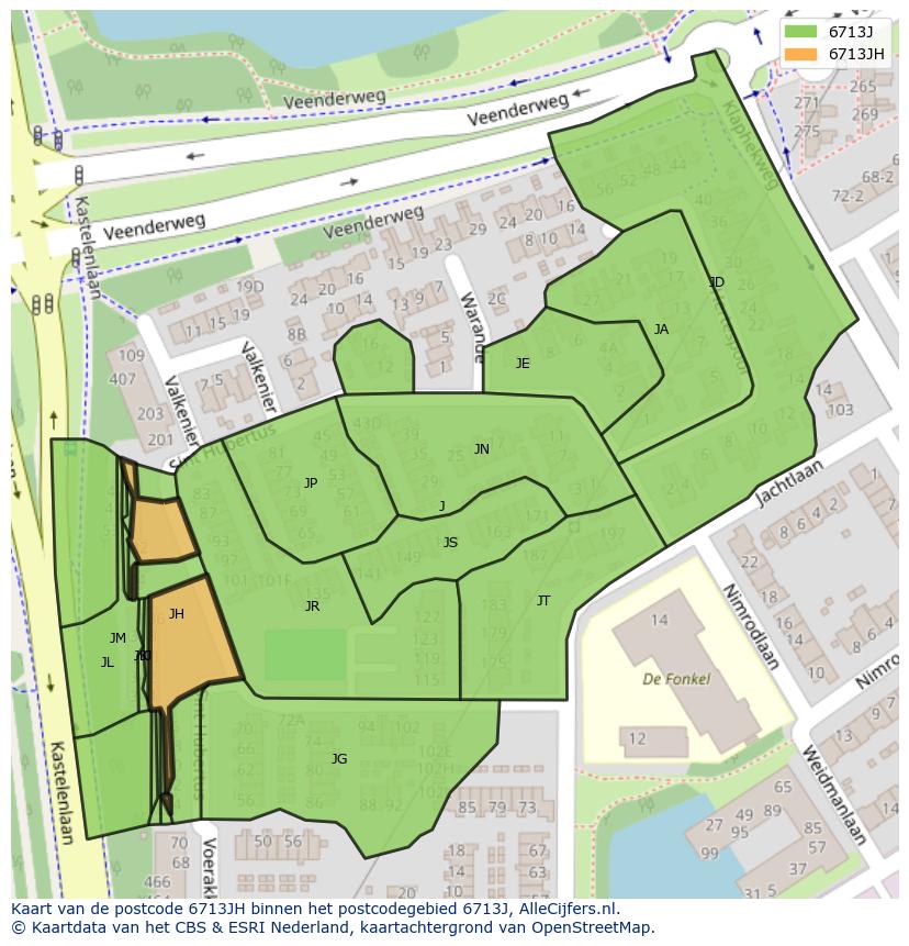 Afbeelding van het postcodegebied 6713 JH op de kaart.