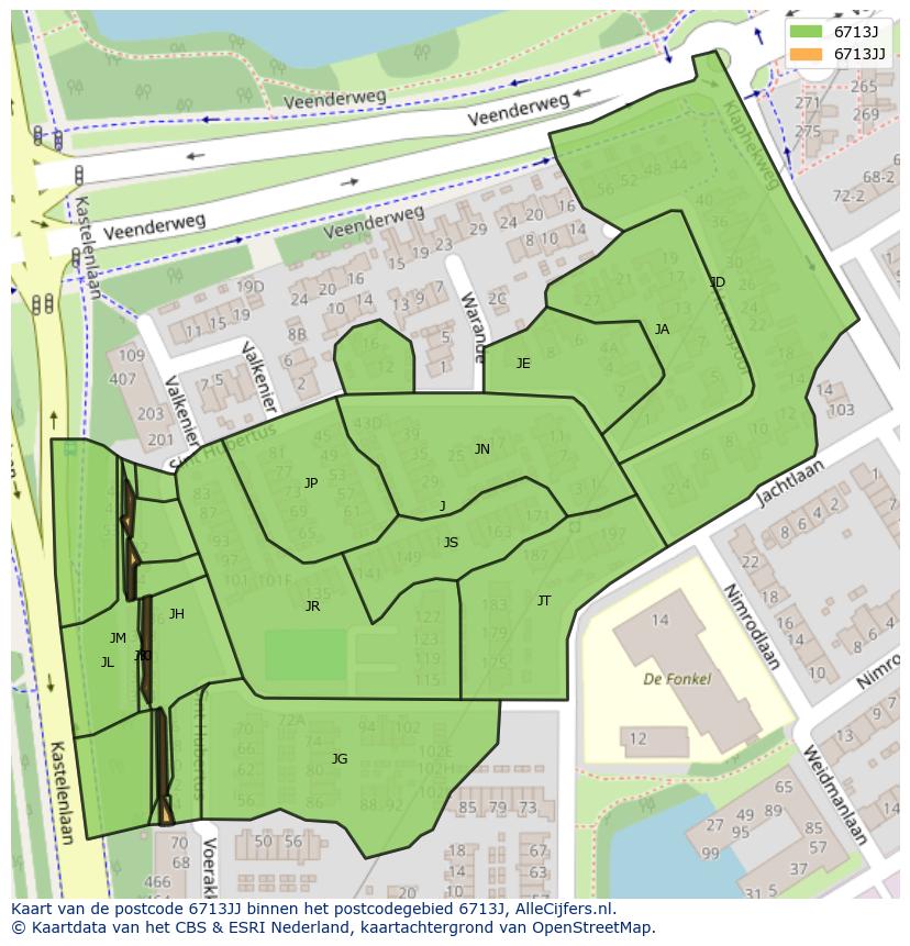 Afbeelding van het postcodegebied 6713 JJ op de kaart.