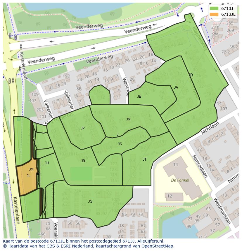 Afbeelding van het postcodegebied 6713 JL op de kaart.
