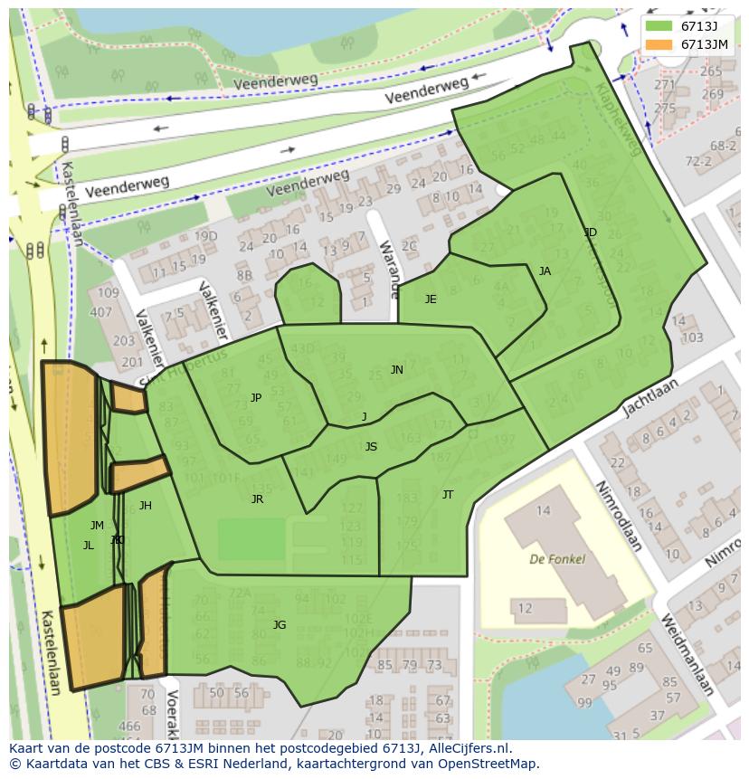 Afbeelding van het postcodegebied 6713 JM op de kaart.