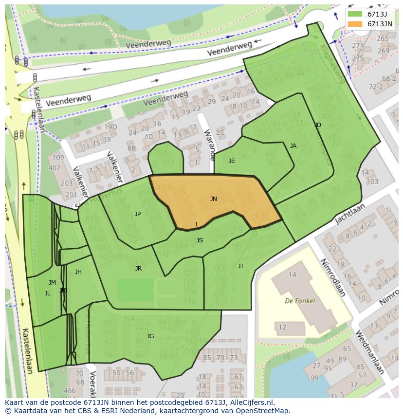 Afbeelding van het postcodegebied 6713 JN op de kaart.