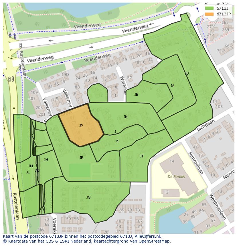 Afbeelding van het postcodegebied 6713 JP op de kaart.