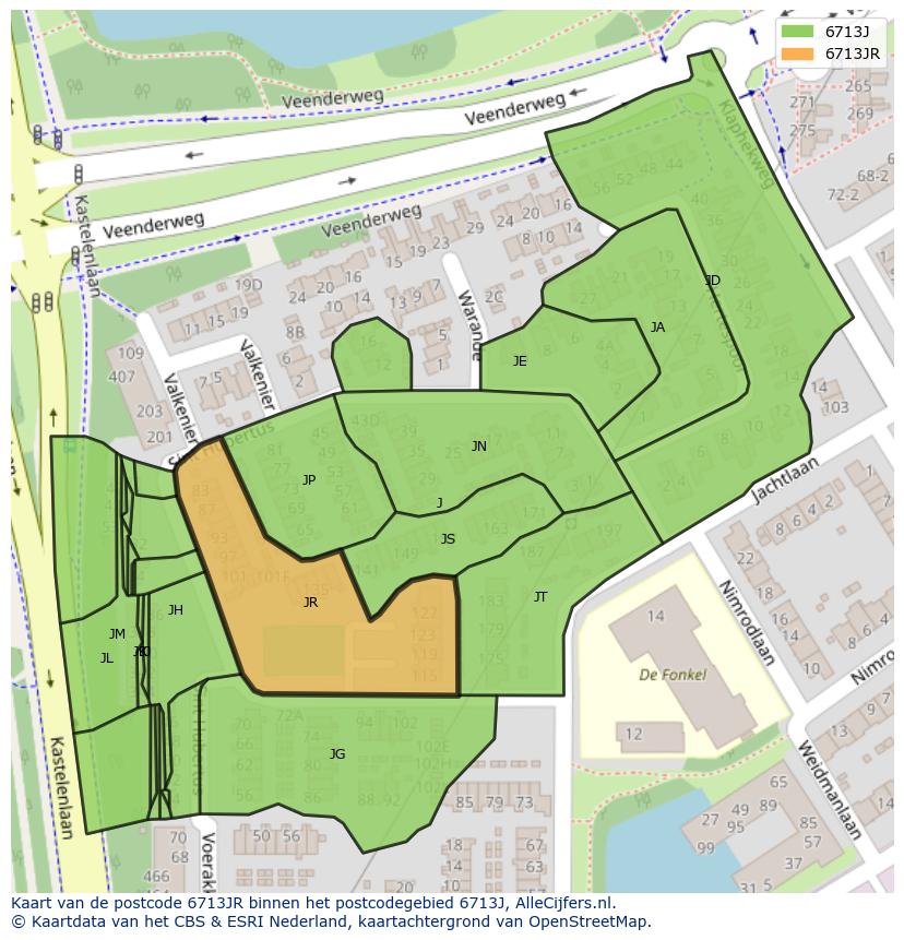 Afbeelding van het postcodegebied 6713 JR op de kaart.