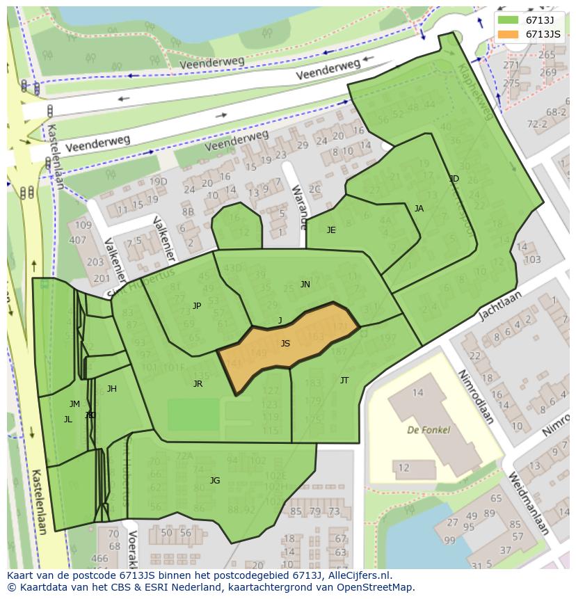 Afbeelding van het postcodegebied 6713 JS op de kaart.