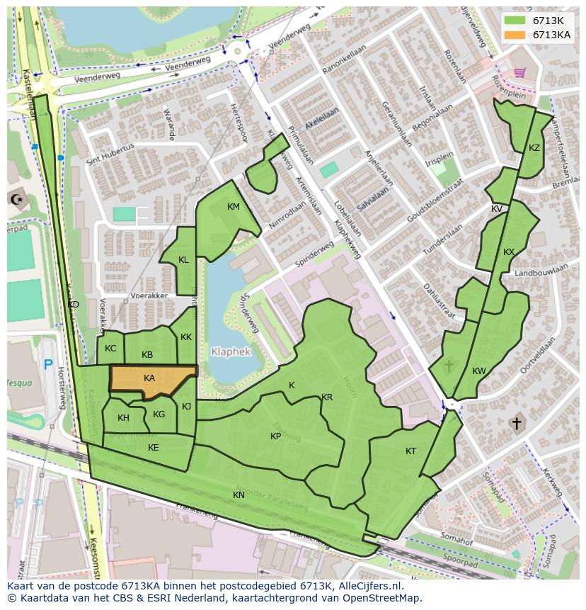 Afbeelding van het postcodegebied 6713 KA op de kaart.