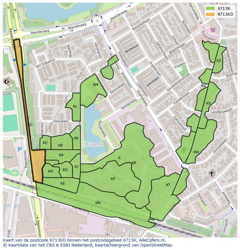 Afbeelding van het postcodegebied 6713 KD op de kaart.