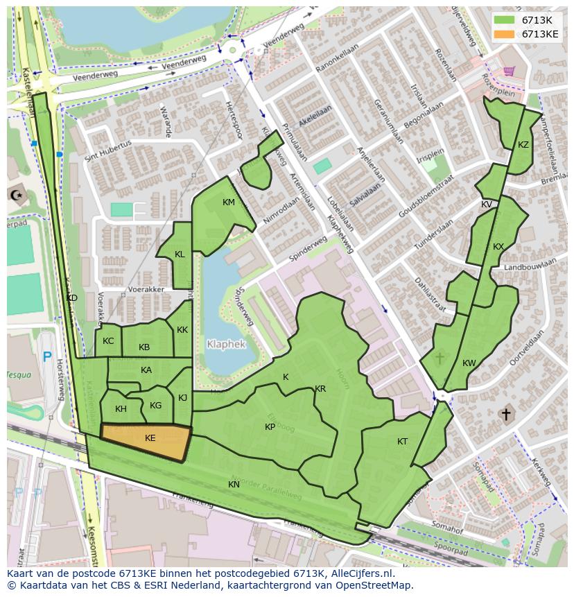 Afbeelding van het postcodegebied 6713 KE op de kaart.