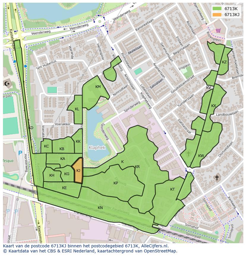 Afbeelding van het postcodegebied 6713 KJ op de kaart.