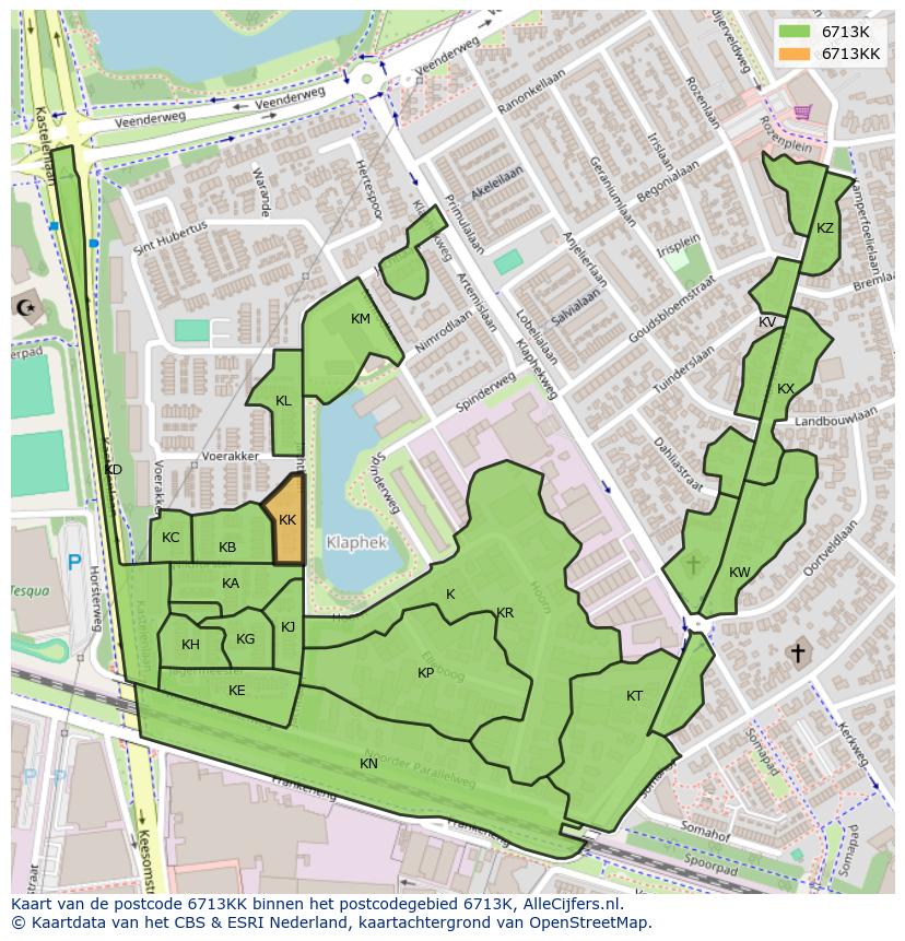 Afbeelding van het postcodegebied 6713 KK op de kaart.