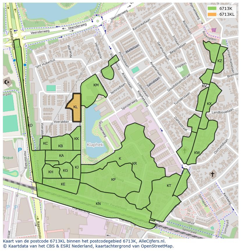 Afbeelding van het postcodegebied 6713 KL op de kaart.