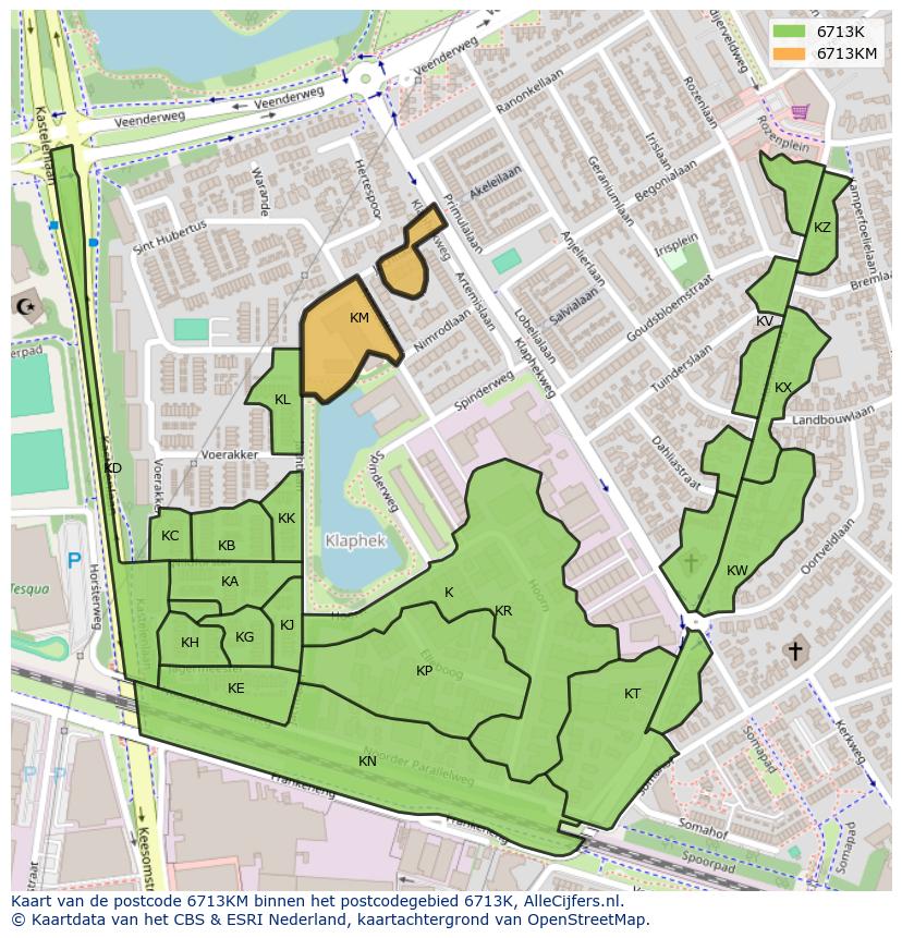 Afbeelding van het postcodegebied 6713 KM op de kaart.