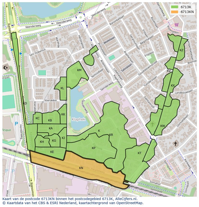 Afbeelding van het postcodegebied 6713 KN op de kaart.