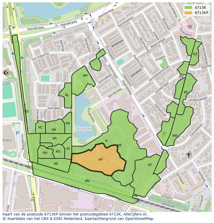 Afbeelding van het postcodegebied 6713 KP op de kaart.