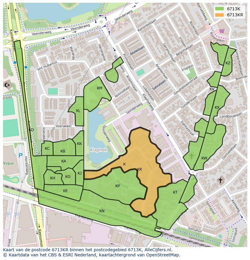 Afbeelding van het postcodegebied 6713 KR op de kaart.