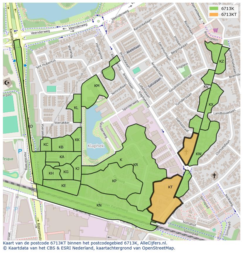 Afbeelding van het postcodegebied 6713 KT op de kaart.