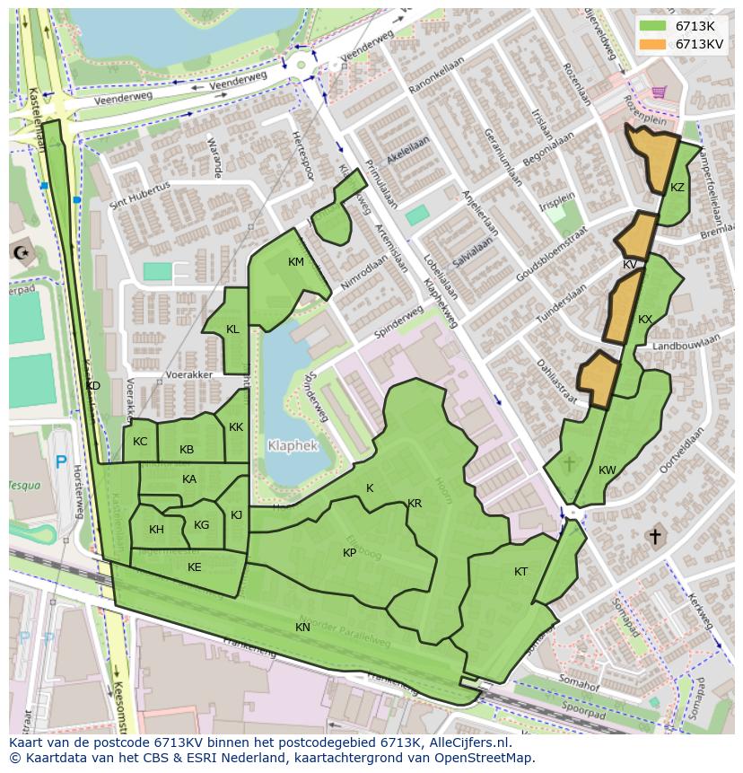 Afbeelding van het postcodegebied 6713 KV op de kaart.