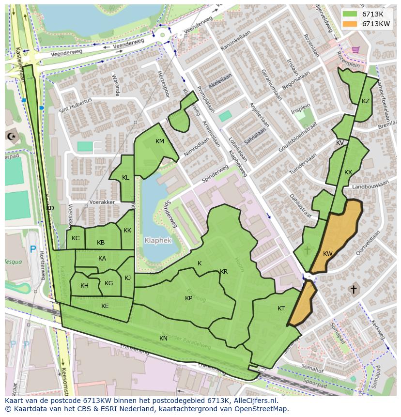 Afbeelding van het postcodegebied 6713 KW op de kaart.