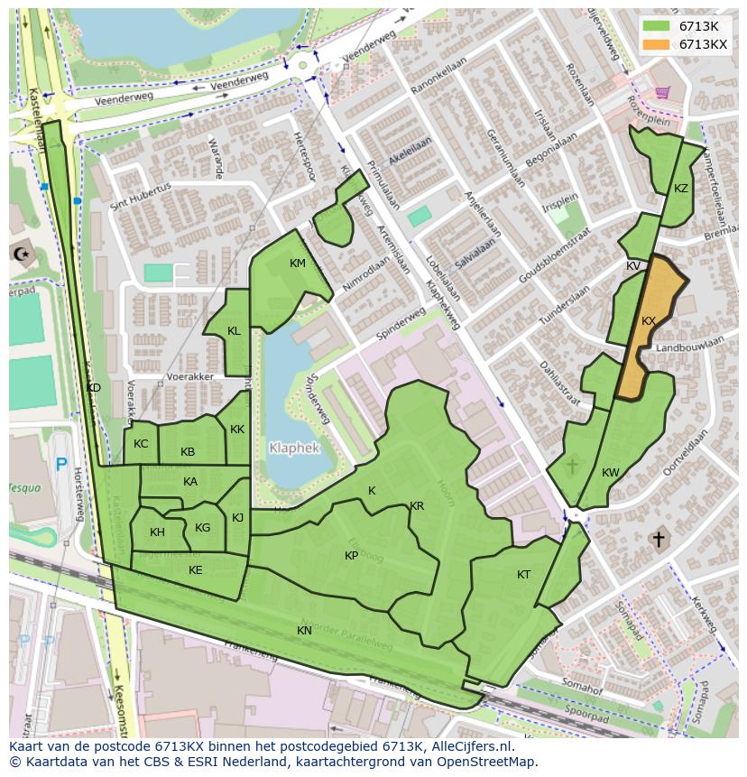 Afbeelding van het postcodegebied 6713 KX op de kaart.