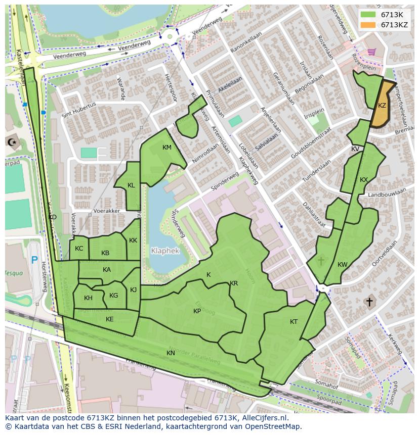 Afbeelding van het postcodegebied 6713 KZ op de kaart.