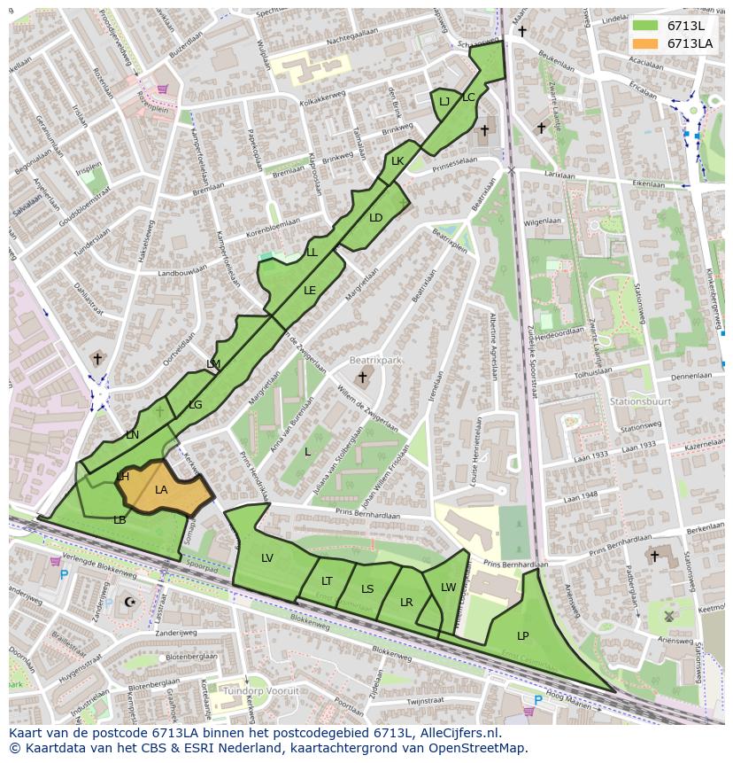 Afbeelding van het postcodegebied 6713 LA op de kaart.