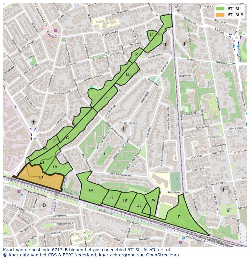 Afbeelding van het postcodegebied 6713 LB op de kaart.