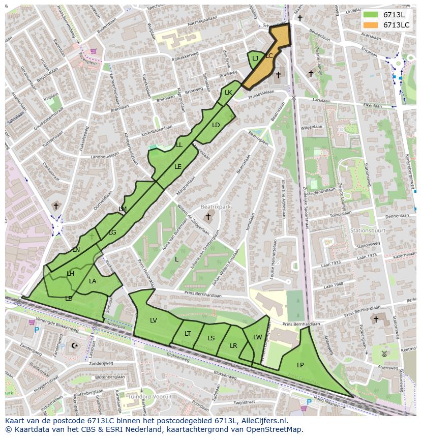 Afbeelding van het postcodegebied 6713 LC op de kaart.