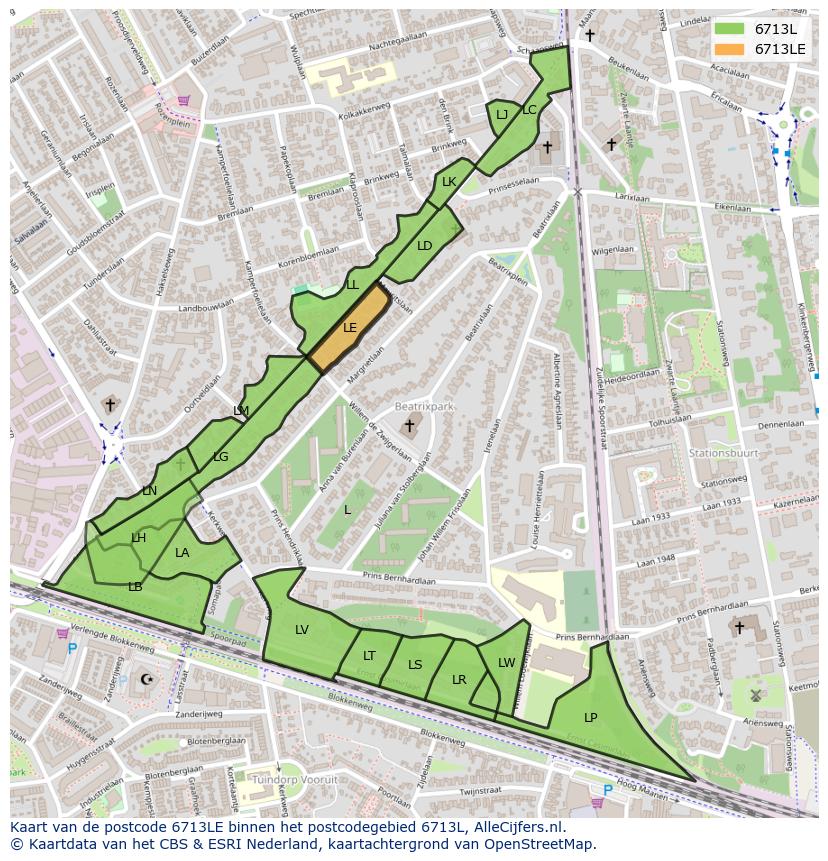 Afbeelding van het postcodegebied 6713 LE op de kaart.