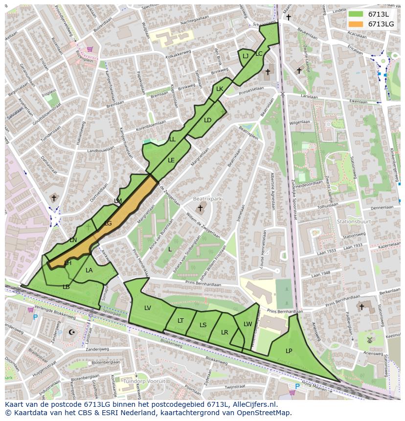 Afbeelding van het postcodegebied 6713 LG op de kaart.