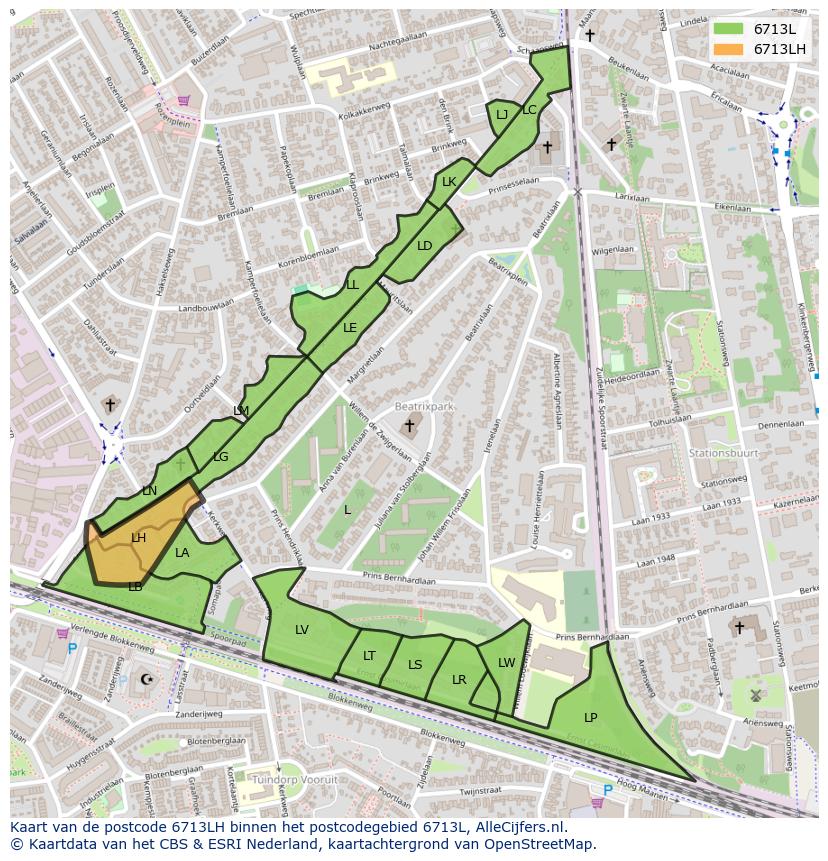 Afbeelding van het postcodegebied 6713 LH op de kaart.