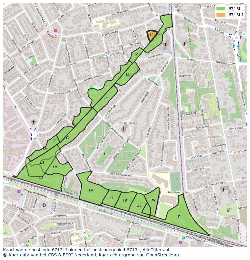 Afbeelding van het postcodegebied 6713 LJ op de kaart.