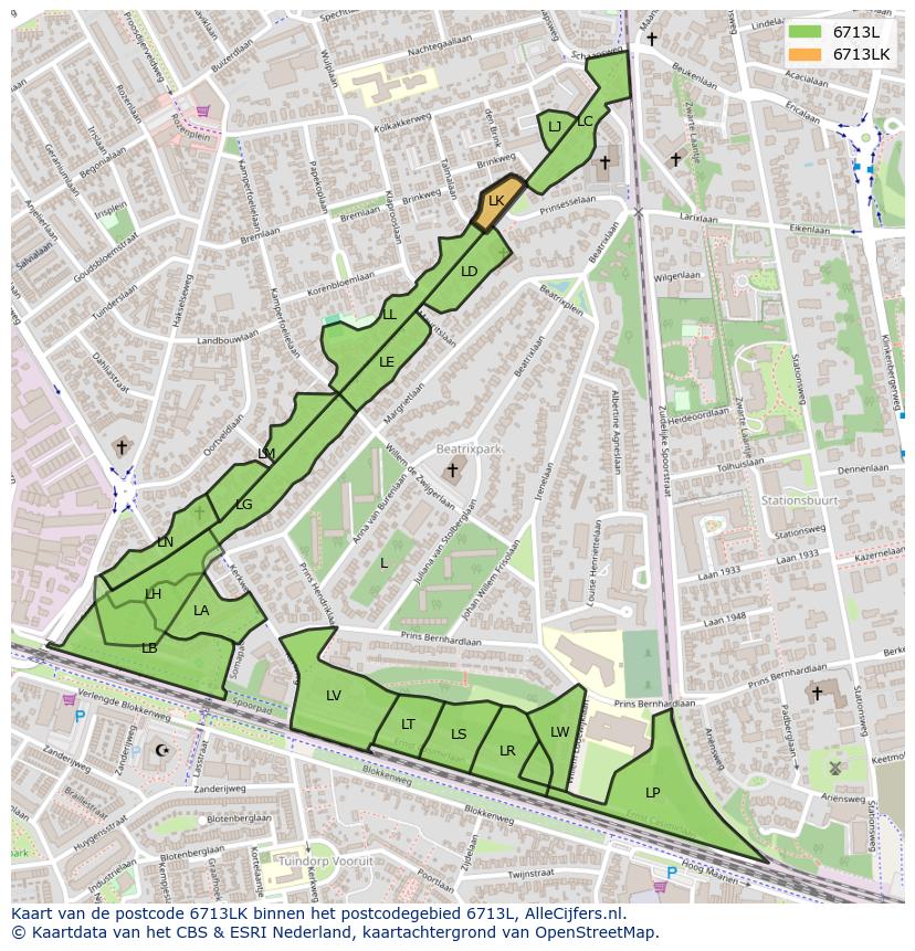 Afbeelding van het postcodegebied 6713 LK op de kaart.