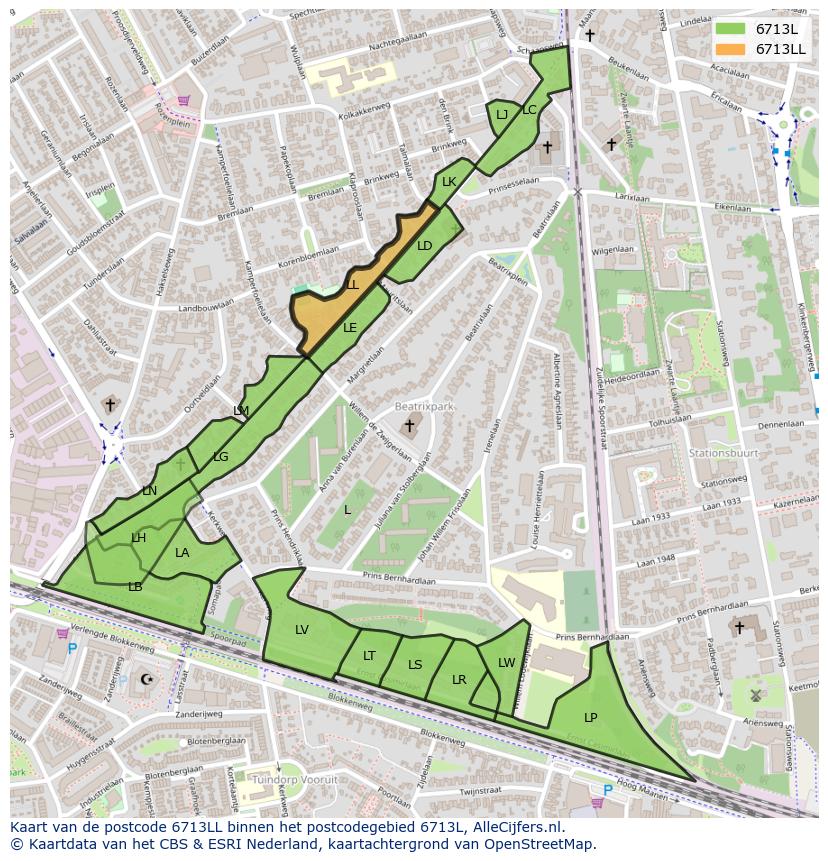Afbeelding van het postcodegebied 6713 LL op de kaart.