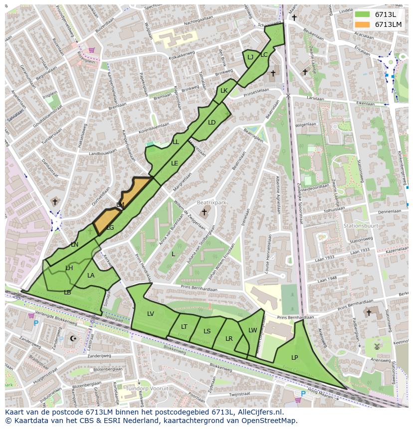 Afbeelding van het postcodegebied 6713 LM op de kaart.
