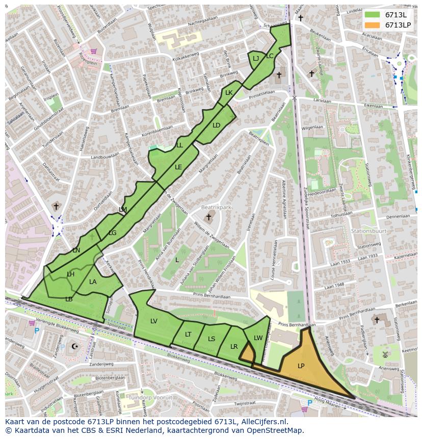 Afbeelding van het postcodegebied 6713 LP op de kaart.