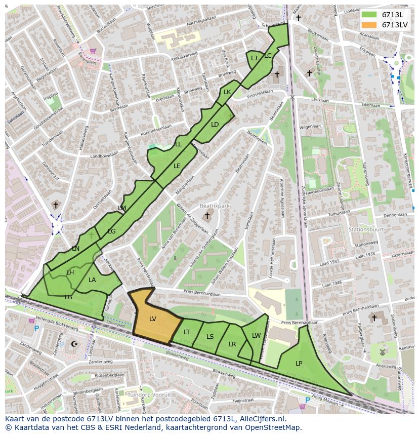 Afbeelding van het postcodegebied 6713 LV op de kaart.