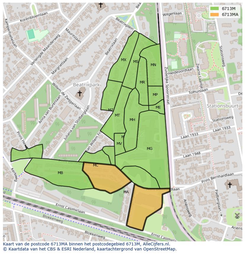 Afbeelding van het postcodegebied 6713 MA op de kaart.