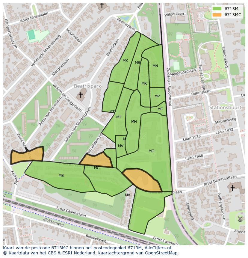 Afbeelding van het postcodegebied 6713 MC op de kaart.