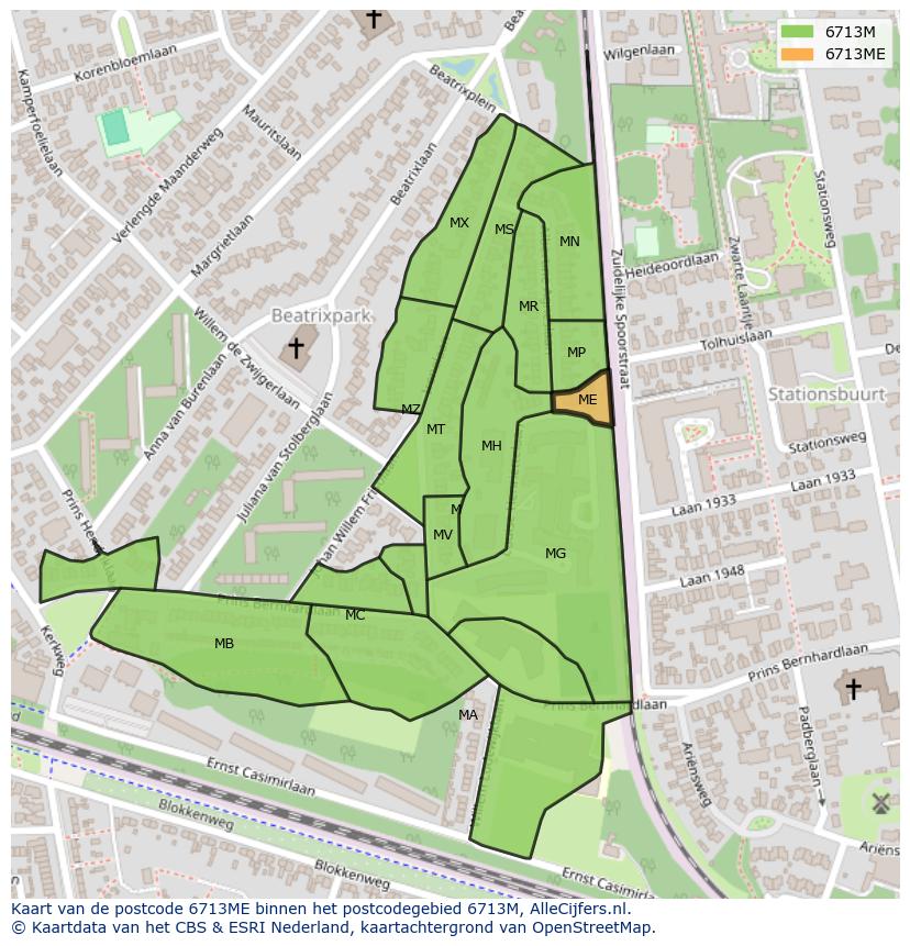 Afbeelding van het postcodegebied 6713 ME op de kaart.